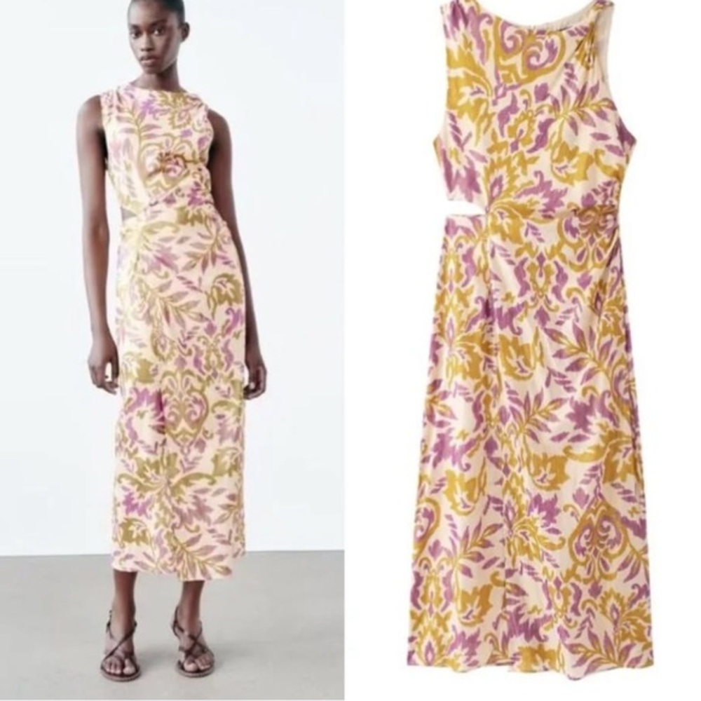 Zara NWT printed midi dress side cut outs 2157/235